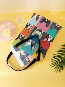 1 Stück süße Cartoon Boston Terrier Muster Leinwand Tragetasche, Damen Handtasche, lässige Shopper Tasche mit großer Kapazität, vielseitige Schultertasche, neu im Herbst/Winter Schultertasche mit großer Kapazität