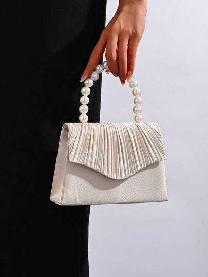 女士优雅仿珍珠手提包，适合晚会、婚礼、宴会 - 奢华褶皱缎面设计、正式舞会礼服钱包、链条单肩包、新娘包