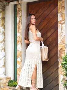Women's Long Strap Dress With Lining And Side Slits Knit Mesh Luxury Fashion - Beige - View 2