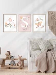3pcs Personalized Name Custom Art Prints Pink Flowers Print Pictures Butterfly Canvas Hanging Pictures Aesthetic Wall Art Nursery Poster Room Decoration Stuff Girls Bedroom Decor Present No Frame Gifts Birthday Graduation - Beige - View 7