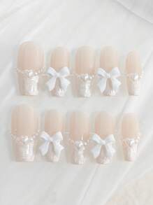 10 件纯手工制作中号杏仁形按压指甲，简约风格指甲，白色指甲法式尖头指甲，立体仿珍珠蝴蝶结指甲装饰，仿珍珠母螺纹指甲胶，凝胶指甲套装，春季指甲，夏季指甲，适合所有场合和衣服使用的假指甲，美甲，2025 新款指甲，指甲按压，欧美指甲，现代日本指甲美甲用品指甲 - Follow Your Heart - 查看 16
