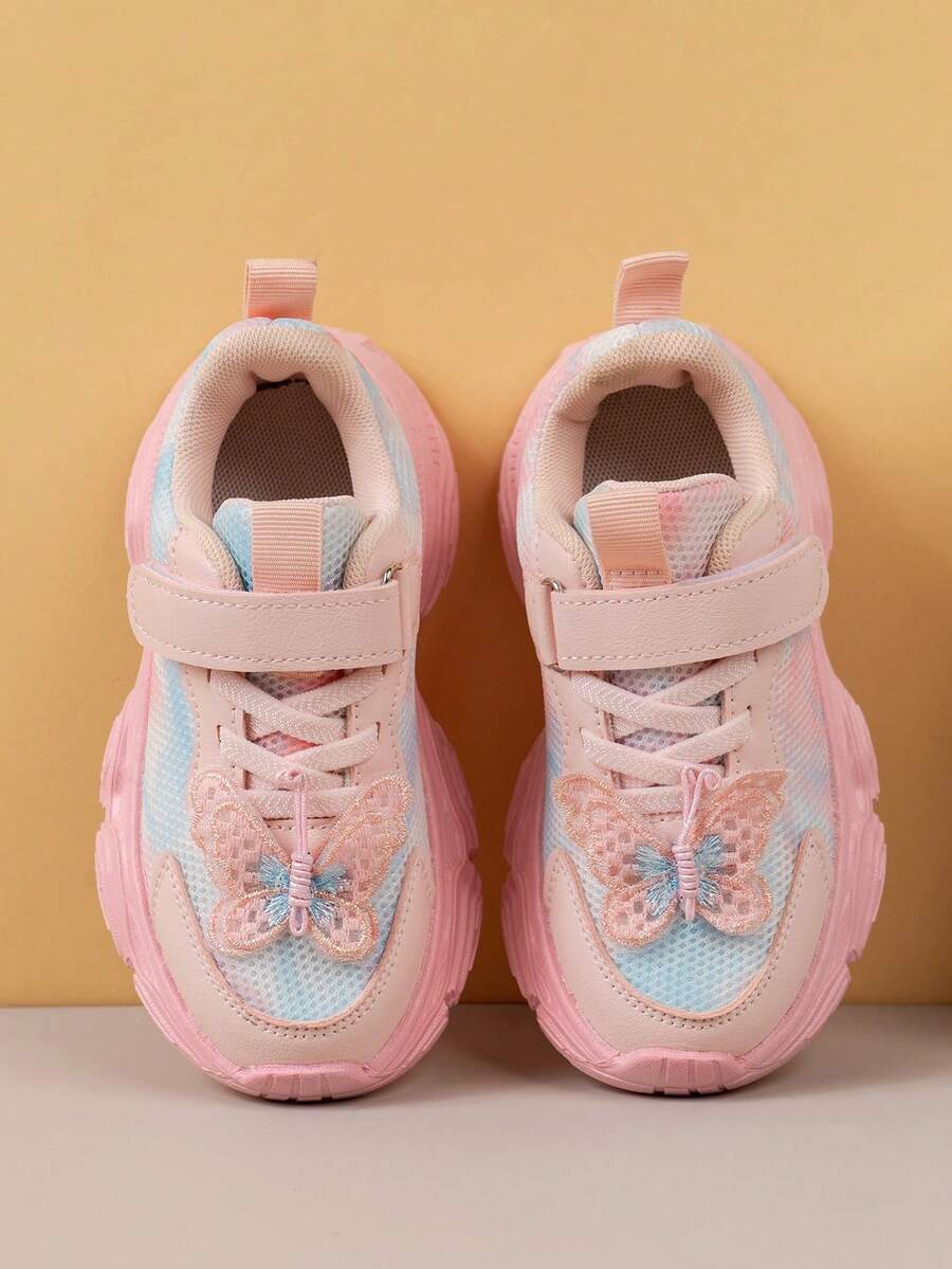 女童公主鞋2024春秋新款透气运动运动鞋幼儿儿童休闲钩环针织蝴蝶结鞋 - 粉色 - 查看 1