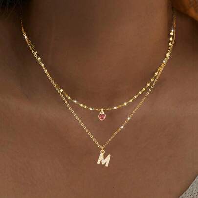 2Pcs/Set Simple Fashion Red Color Heart Crystal Initial Pendant Gold Color Stainless Steel Lip Chain Necklaces For Women