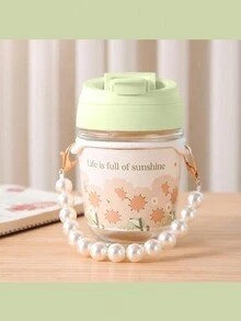 1 款极具吸引力的仿珍珠手持便携式玻璃吸管水杯，可爱清爽的双饮水杯，适合女生和学生，咖啡杯，耐热 - 彩色 - 查看 9