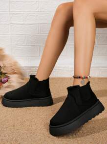 Damskie buty śnieżne, ciepłe, termiczne, pogrubione, codzienne, jednolity kolor, pluszowe futro, platforma, na jesień i zimę - Czarne - Zobacz 2
