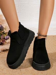 Damskie buty śnieżne, ciepłe, termiczne, pogrubione, codzienne, jednolity kolor, pluszowe futro, platforma, na jesień i zimę - Czarne - Zobacz 4
