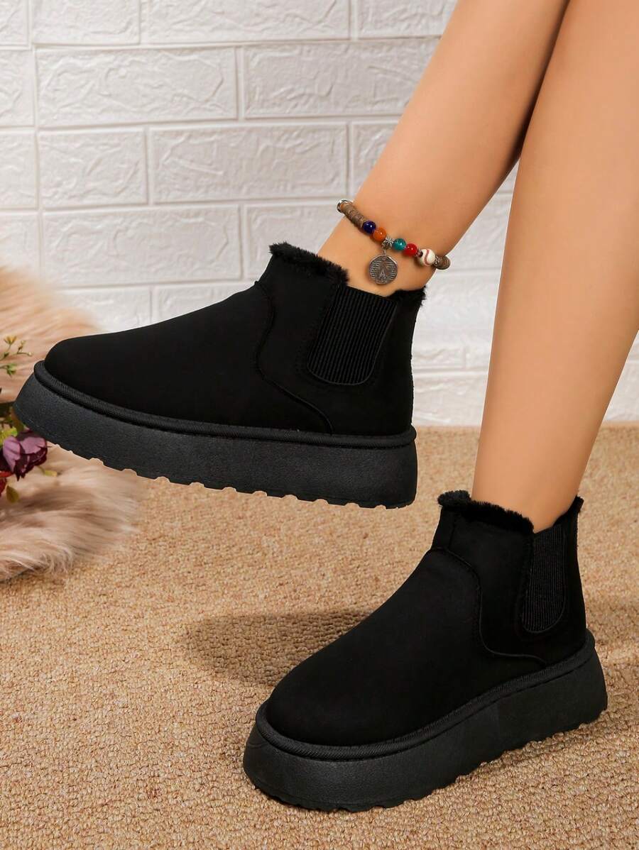 Damskie buty śnieżne, ciepłe, termiczne, pogrubione, codzienne, jednolity kolor, pluszowe futro, platforma, na jesień i zimę - Czarne - Zobacz 1