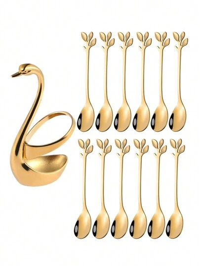 1 Set Of Constellation Swan Shaped 6/12 Pcs Stainless Steel Fruit/Dessert/Coffee Spoons With Swan Storage Base, Suitable For Kitchen, Hotel, Cafe, Holiday Gift,Kitchen,Christmas Gift,School Supplies