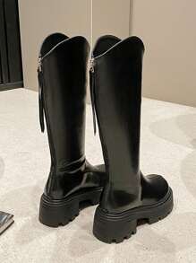 女式复古骑士靴，新款秋冬粗跟高筒靴 - 黑色 - 查看 3