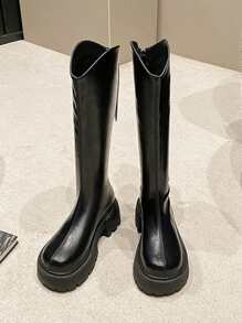 女式复古骑士靴，新款秋冬粗跟高筒靴 - 黑色 - 查看 1