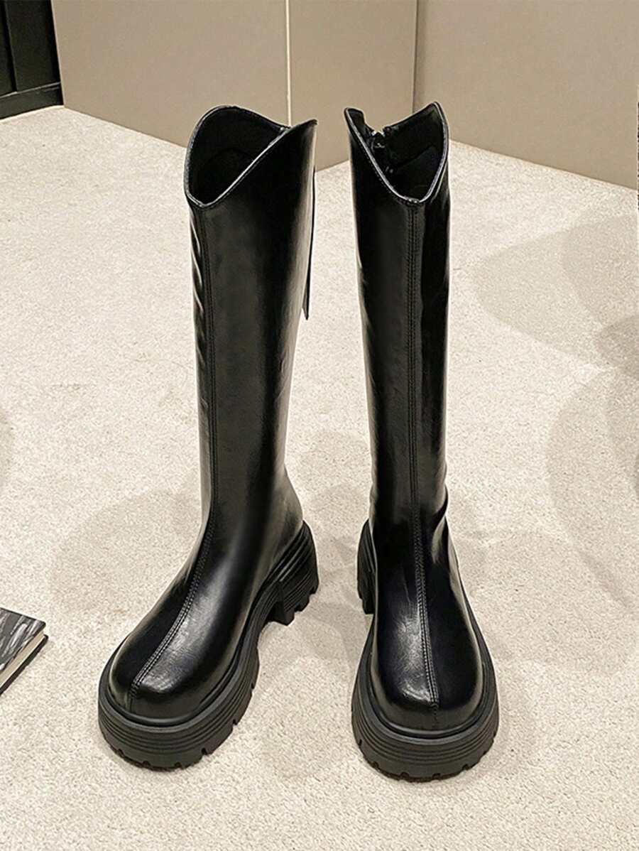 女式复古骑士靴，新款秋冬粗跟高筒靴 - 黑色 - 查看 1