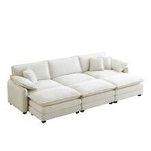 Oversized Modular Cushioned Sofa,With 3 Ottomans To Work As Sleeper Sofa Beds, 3-Seater Sofa With 3 Footstools, Beige Corduroy Fabric