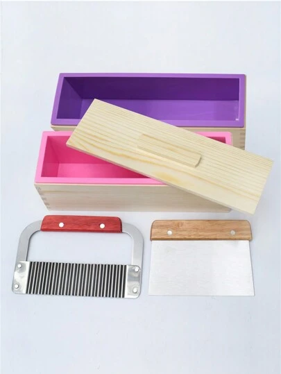44oz Silicone Bread Soap Making Kit, With Adjustable Wooden Box, Stainless Steel Wavy And Straight Cutting Tools, Wooden Lid, Suitable For DIY Handmade Soap Creation