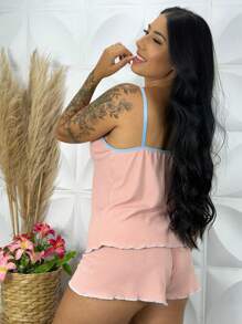 Babydoll Women's Ribbed Suede With Lace Comfortable Summer Pajamas - 珊瑚橙 - 查看 4