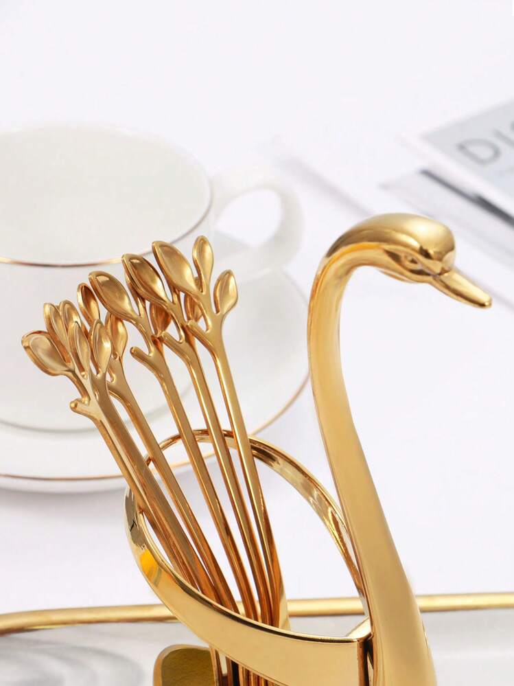 1 סט צורת ברבור 6/12 יחידות כפיות פירות מנירוסטה, כפיות קינוח, כפות קפה עם רחוב אחסון בצורת ברבור, מתאים למטבח, מלון, בית קפה, מתנת חג, מטבח, מתנת חג המולד - זהב - ראה 5