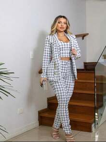 3 Piece Set Fashion Blogger Max Long Blazer Cropped Premium Neoprene Pants - 白色與黑色 - 查看 4