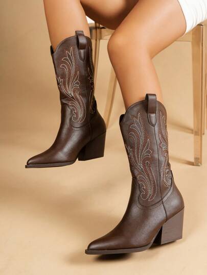 Fall/Winter 2025 Women's Embroidered Vintage Textured Pointed Toe Chunky Heel Mid-Calf Western Boots,Cowboy Boots