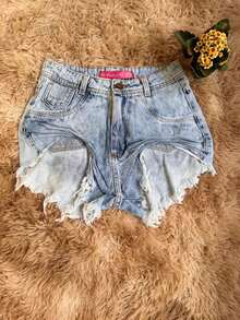 Women's Light Ruffled Denim Shorts - Rửa nhẹ - Xem 4