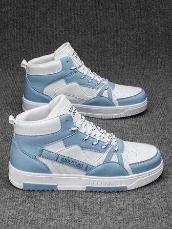 男士系带个性化字母拼色高帮休闲运动鞋，时尚、舒适、百搭，适合跑步