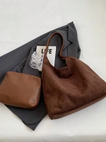 2 件复古仿麂皮休闲手提包套装，带零钱包、大容量单肩包和纯色手提包、优雅百搭女士通勤手提包、新款秋冬女包、最佳秋季钱包、女士手提包、复古风女士包