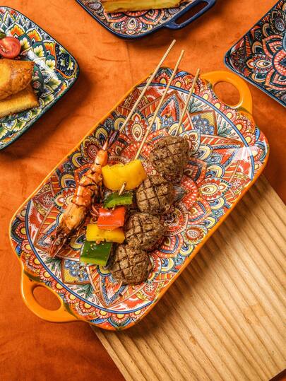 1 件波西米亚风格双耳陶瓷鱼盘，4 种颜色可选，防烫设计，适合在家蒸鱼、配菜、水果盘