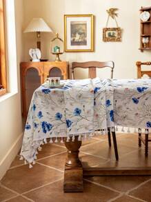 1件装清新蓝白花卉流苏长方形桌布，3D竹纹质感，可水洗，适用于餐桌、茶几、日常家居装饰，可用于餐厅、客厅、聚会、晚餐、下午茶、花园、派对、约会等场合，四季皆宜，尤其适合春夏。 - 彩色 - 查看 6