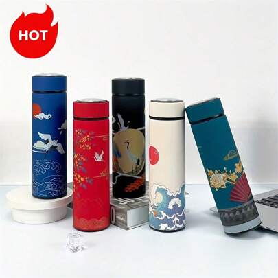1个双层不锈钢真空保温杯，中国风卡通图案，500毫升/16.9盎司，防滑防漏可重复使用水瓶，适合户外运动、四季皆宜，圣诞节、万圣节、返校季礼物