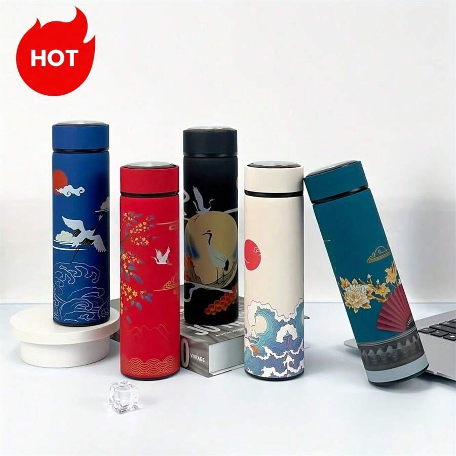 1个双层不锈钢真空保温杯，中国风卡通图案，500毫升/16.9盎司，防滑防漏可重复使用水瓶，适合户外运动、四季皆宜，圣诞节、万圣节、返校季礼物 - 彩色 - 查看 1