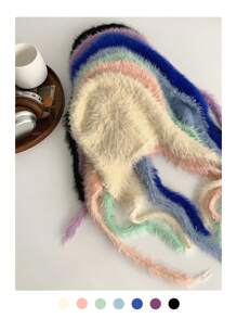 1buc drăguț corn de diavol Y2K colorblock cu dungi Fuzzy Earmuff tricot pălărie beanie, căciulă caldă de pluș cu cravată, balaclava