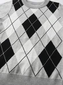 Jersey de cuello redondo de punto con patrón de cuadros de color block para niño pequeño, otoño e invierno - Gris Claro - Ver 3