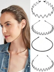 4 件套男女通用黑色金属波浪运动头带，隐形发带，简约优雅设计，适合日常使用和运动洗漱，发带，发箍，发饰头带，头饰 - 黑色 - 查看 2