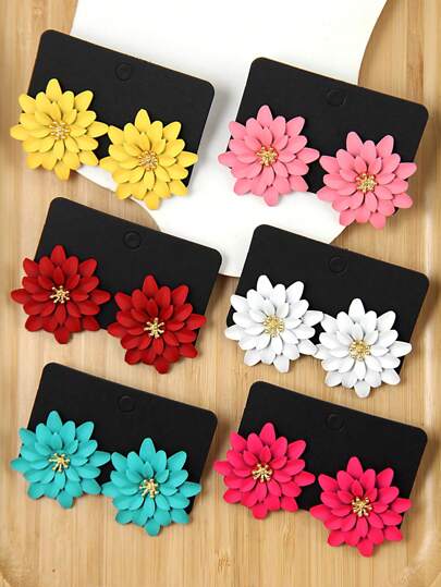 Betykuku 6 pares de pendientes tipo botón con flores metálicas y coloridas en estilo bohemio, regalo para mujeres y niñas, adecuado para uso diario, fiestas y viajes