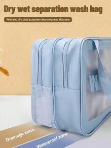 3合1/1双层旅行化妆包，PVC洗漱包，多功能行李包，化妆刷架，化妆品收纳包，干湿分离化妆包，暑假旅行必备，香水盒，数据线包，行李包，手提包，内衣包，返校 - 藍色 - 查看 9