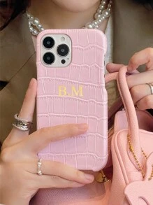 1pc Luxury Imitation Crocodile Cover, Personalize Customization Name Leather Case,Season Picks,2025phonecase - Black - View 4