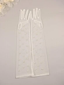 1 Pair White Faux Pearl Gloves, Fashionable Bride Baroque Wedding/Performance/Party 5-Finger Gloves Autumn Accessories