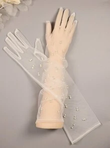 1 Pair White Faux Pearl Gloves, Fashionable Bride Baroque Wedding/Performance/Party 5-Finger Gloves Autumn Accessories