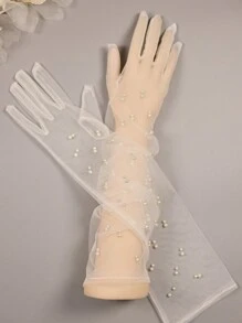 1 Pair White Faux Pearl Gloves, Fashionable Bride Baroque Wedding/Performance/Party 5-Finger Gloves Autumn Accessories