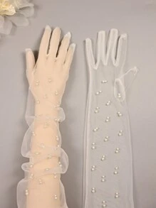 1 Pair White Faux Pearl Gloves, Fashionable Bride Baroque Wedding/Performance/Party 5-Finger Gloves Autumn Accessories