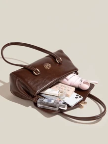 复古大容量轻便奢华女士单肩包，带翻盖设计，简约纯色手提包，多功能工作手提包，复古风格女士包