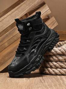 Botas masculinas de cano alto antiderrapantes com sola grossa para atividades ao ar livre, botas de trabalho, couro preto