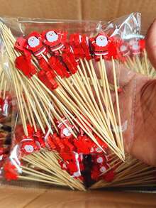 50 件/包一次性竹签，5 种设计，包括圣诞树、驯鹿、圣诞老人、雪花、雪人、圣诞快乐 - 彩色 - 查看 4