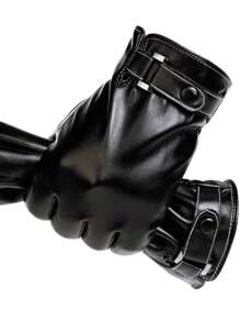 1 双男士皮手套，加厚保暖内衬，防风，防水，触摸屏，适合骑自行车/摩托车，黑色万圣节 - 黑色 - 查看 2