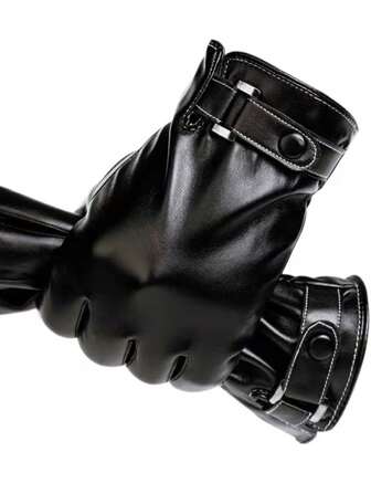 1 双男士皮手套，加厚保暖内衬，防风，防水，触摸屏，适合骑自行车/摩托车，黑色万圣节