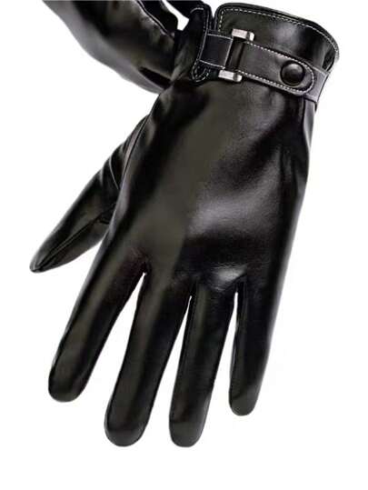 1 Pair Men's Leather Gloves, Thicken Thermal Lined , Windproof, Waterproof, Touch Screen, For Cycling/Motorbike, Black Halloween