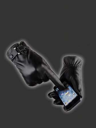 1 双男士皮手套，加厚保暖内衬，防风，防水，触摸屏，适合骑自行车/摩托车，黑色万圣节