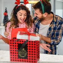 4pcs Christmas Plaid Non-Woven Tote Bags, Waterproof Gift Bags, Red & White, Reusable Gift Bags, Christmas Party Gift Bags, Grocery Shopping Bags, Holiday Gift Bags,Christmas - Multicolor - View 4