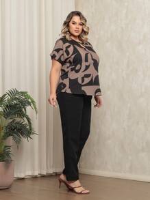Gigi Estilo Women's Plus Size Tailored Set, Trousers And Formal Blouse - 棕色/黑色 - 查看 4