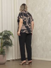 Gigi Estilo Women's Plus Size Tailored Set, Trousers And Formal Blouse - 棕色/黑色 - 查看 2