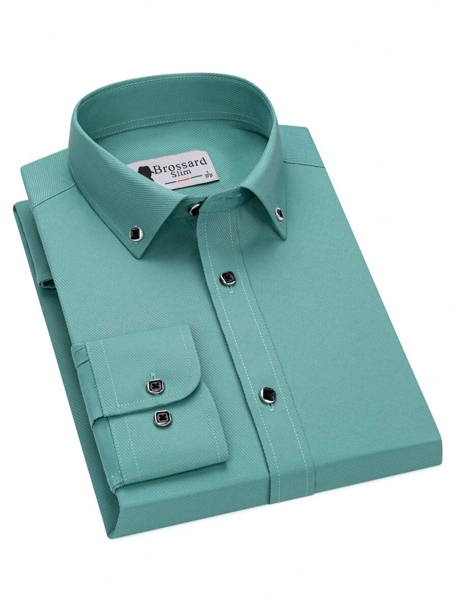 Men's Striped Dress Shirt With Square Buttons - 55% Polyester, 45% Cotton - 綠色 - 查看 1