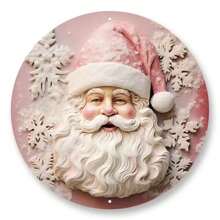 1pc 8x8 Inch Metal Sign, Pink Santa 2D Metal Pink Santa Sign, Random Hole Position On Pink Santa Wreath Sign - Multicolor - View 1